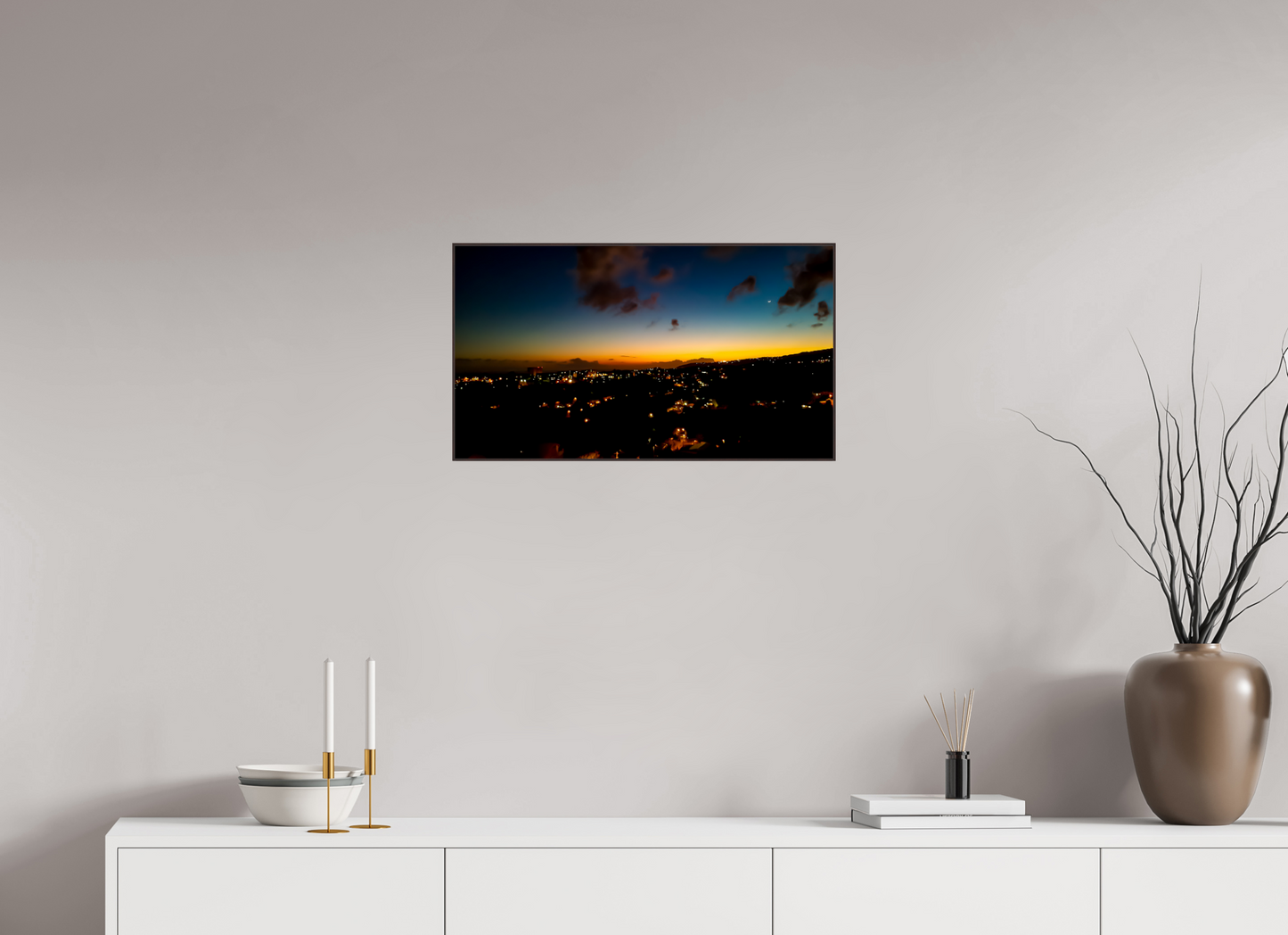 64 x 36 cm, ArtBox bois Aulne brun 16:9 Ciel profond et ville illuminée à l'heure bleue