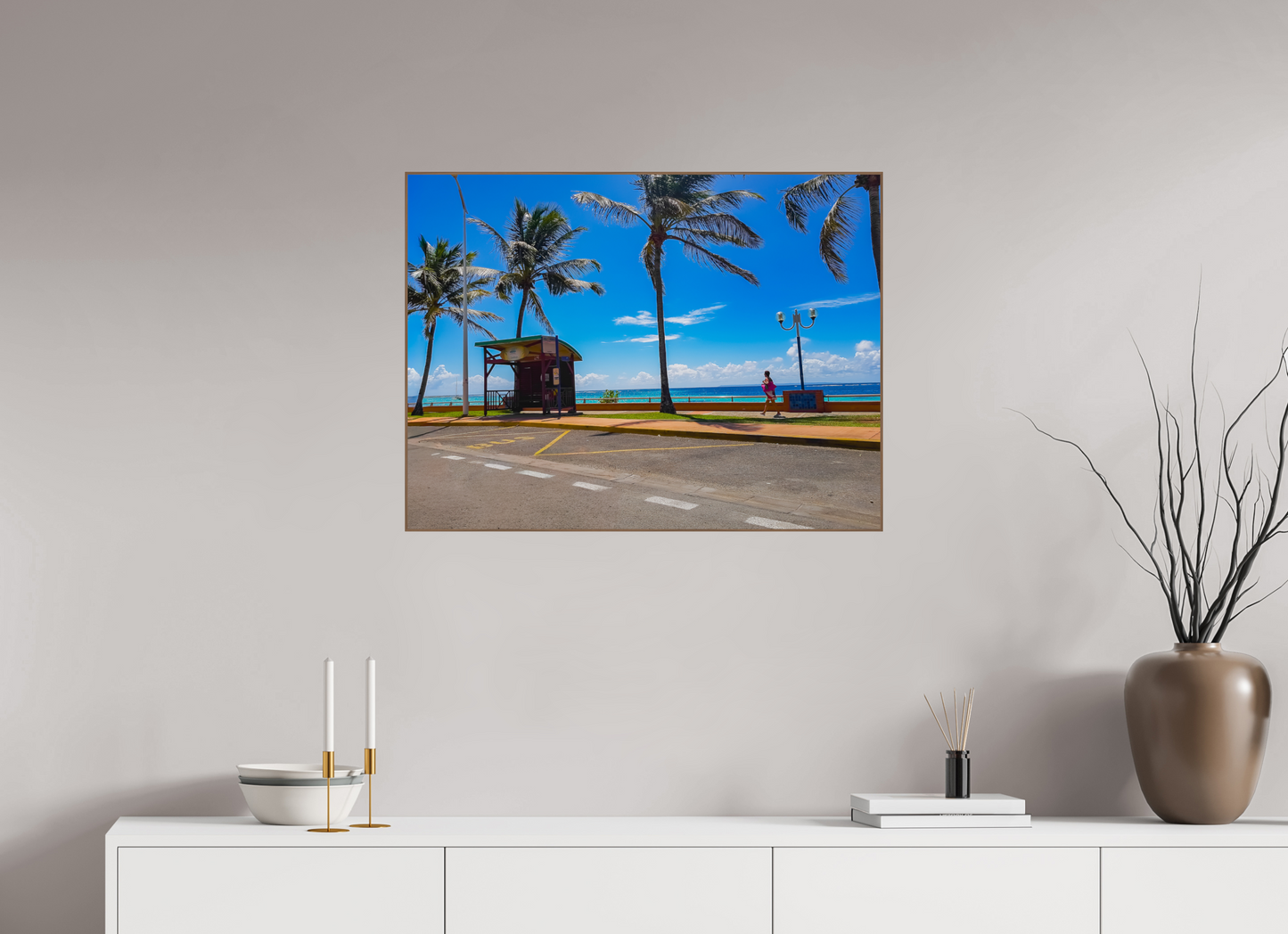 80 x 60 cm, 6. ArtBox bois Noyer Arrêt de Bus, Palmiers en Bord de Mer