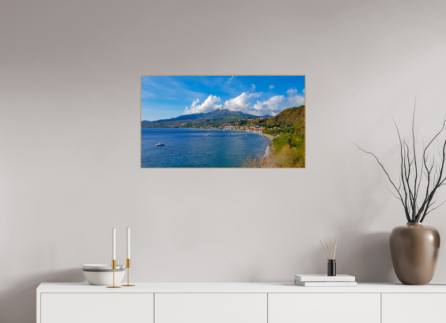 80 x 45 cm, 5. ArtBox bois Chêne nature Vue d'un Village Côtier et d'un Volcan