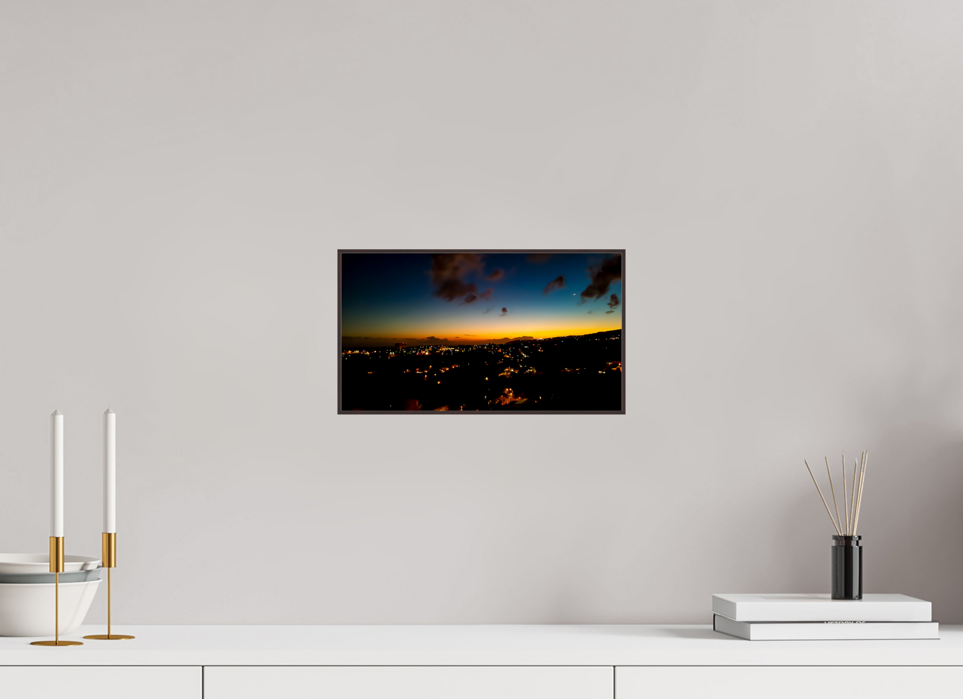 32 x 18 cm, ArtBox bois Aulne brun 16:9 Ciel profond et ville illuminée à l'heure bleue