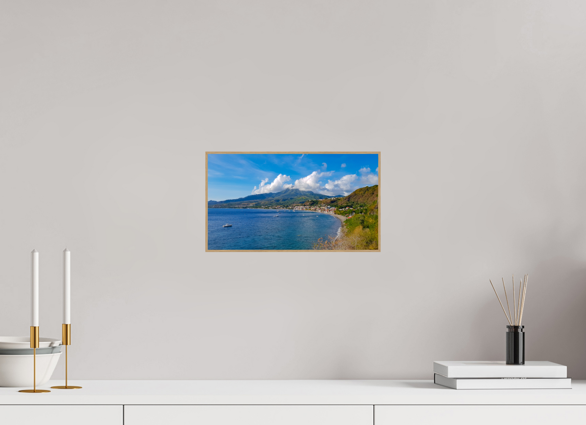 32 x 18 cm, 5. ArtBox bois Chêne nature Vue d'un Village Côtier et d'un Volcan