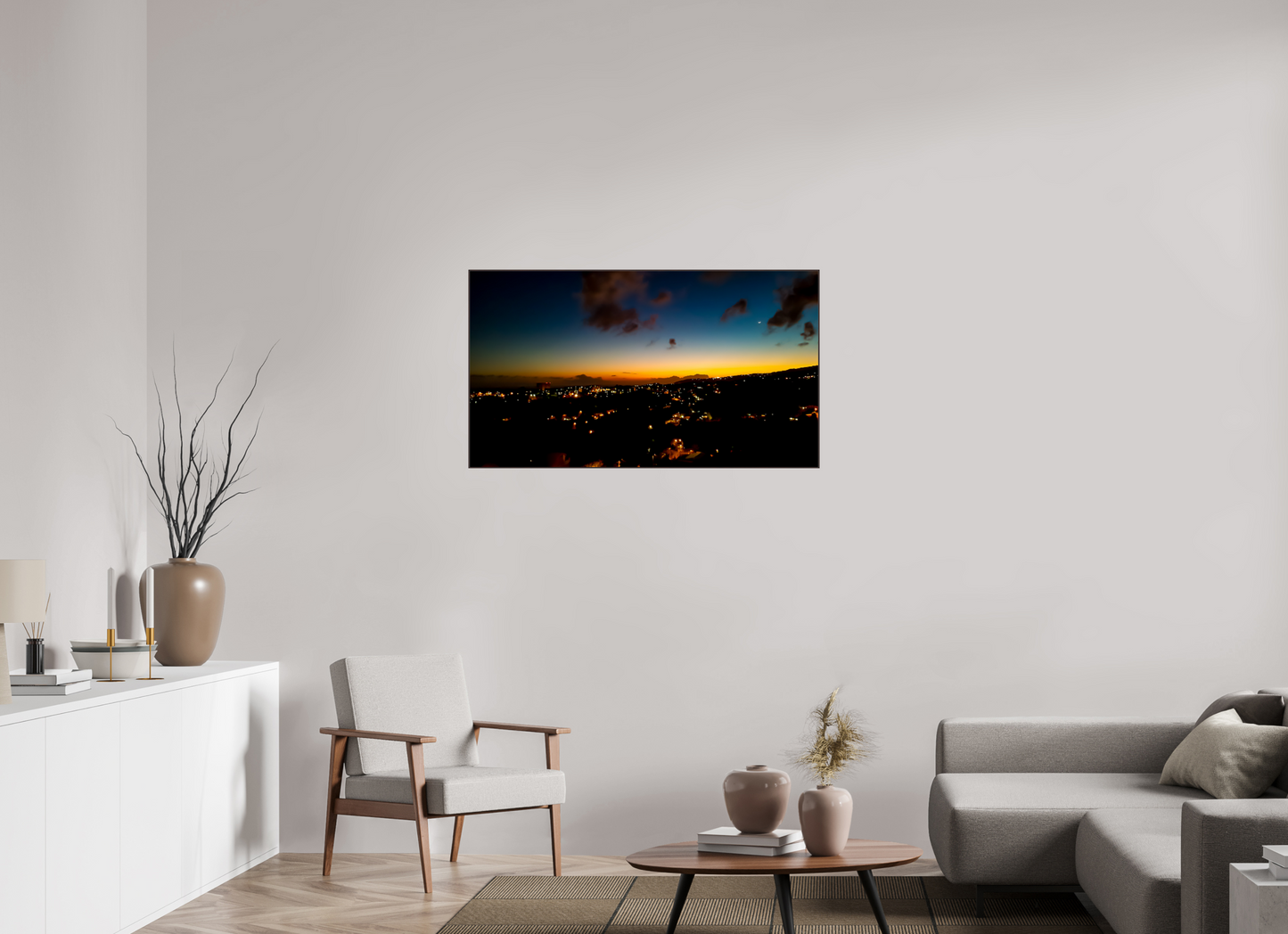112 x 63 cm, ArtBox bois Aulne brun 16:9 Ciel profond et ville illuminée à l'heure bleue