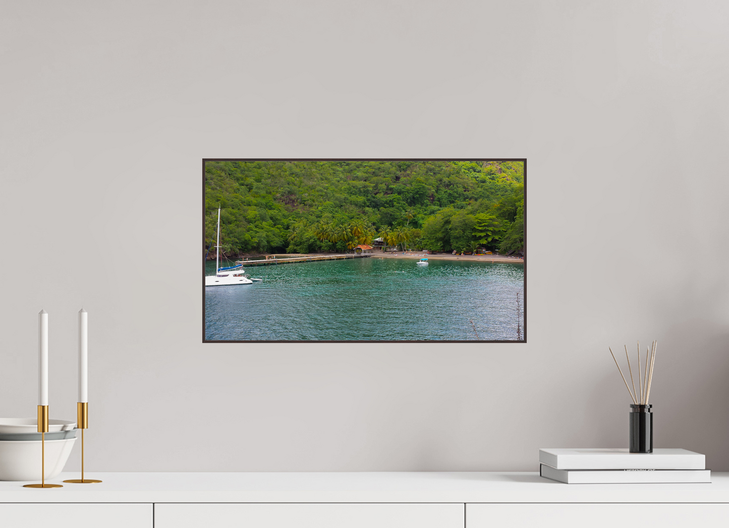 48 x 27 cm, ArtBox bois Aulne brun 16:9 Voilier Ancré dans une Crique