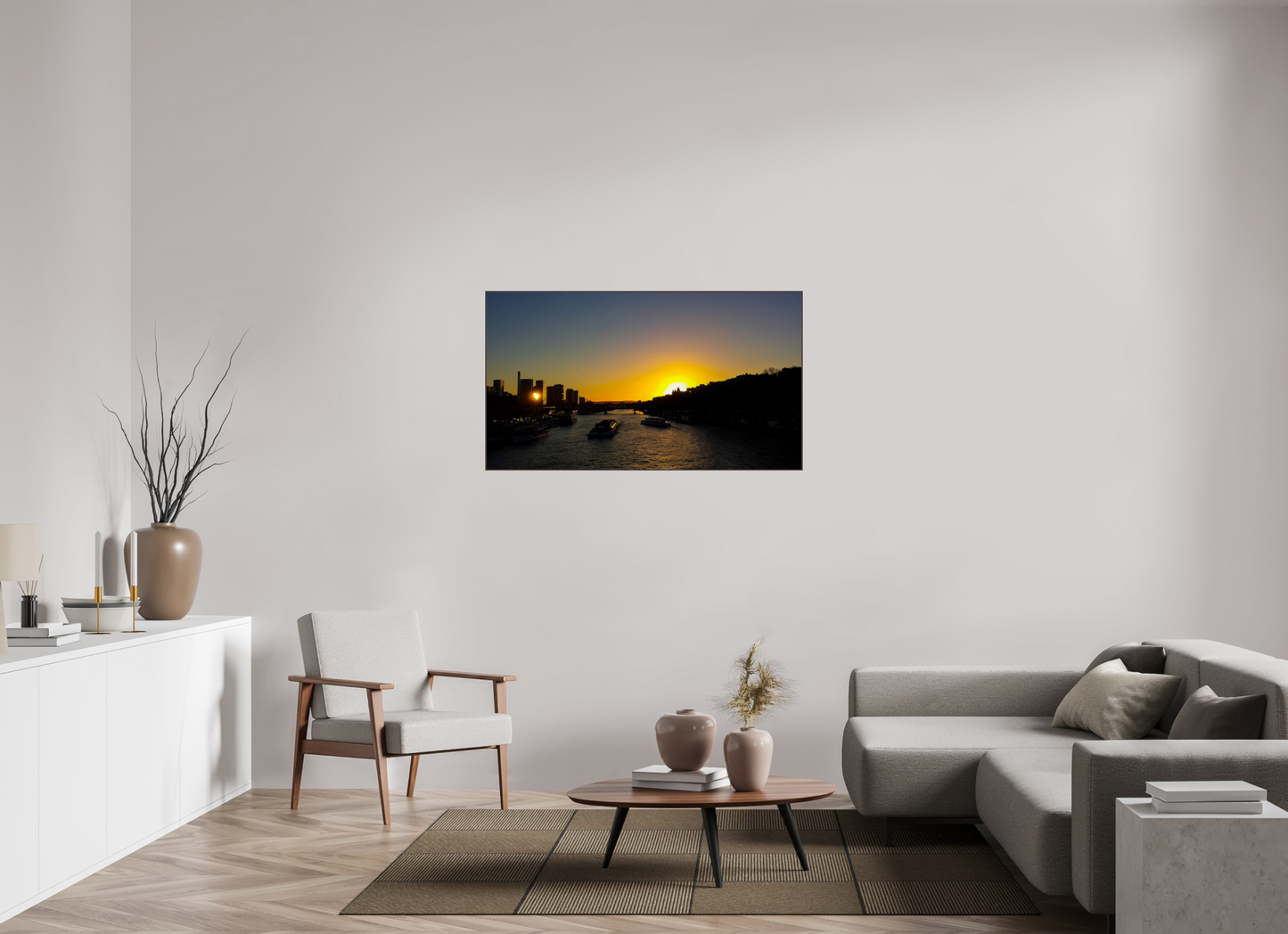 128 x 72 cm, ArtBox bois Aulne brun 16:9 Coucher de Soleil Romantique sur la Seine