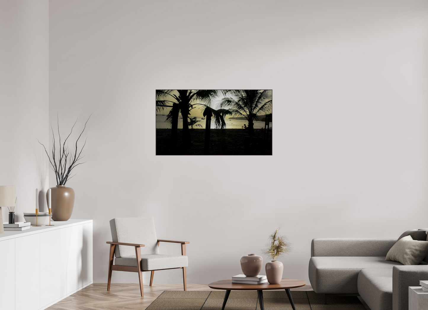 112 x 63 cm, ArtBox bois Aulne brun 16:9 Silhouette de Palmiers sur une Plage
