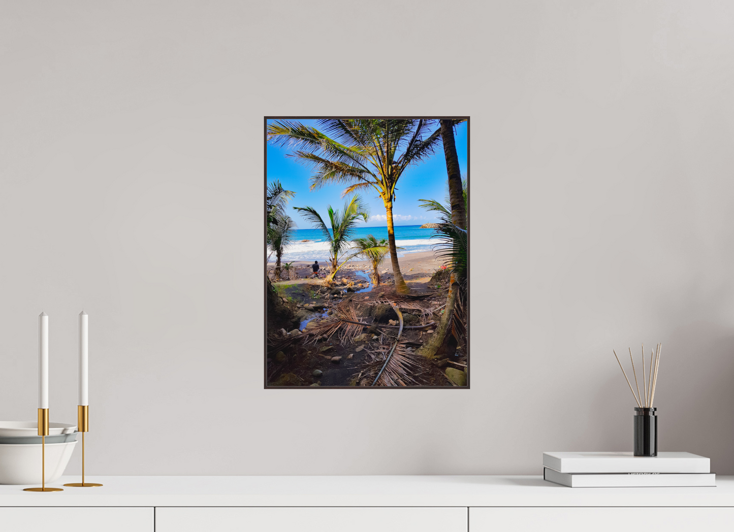 30 x 40 cm, ArtBox bois Aulne brun 4:3 Vue encadrée de la plage par des palmiers