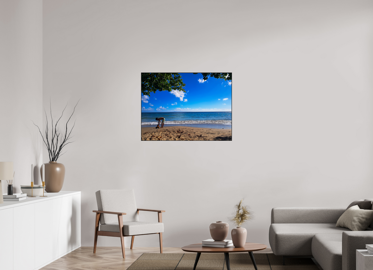 100 x 75 cm, 2. ArtBox bois Chêne noir Un Enfant Joue au Bord de la Plage