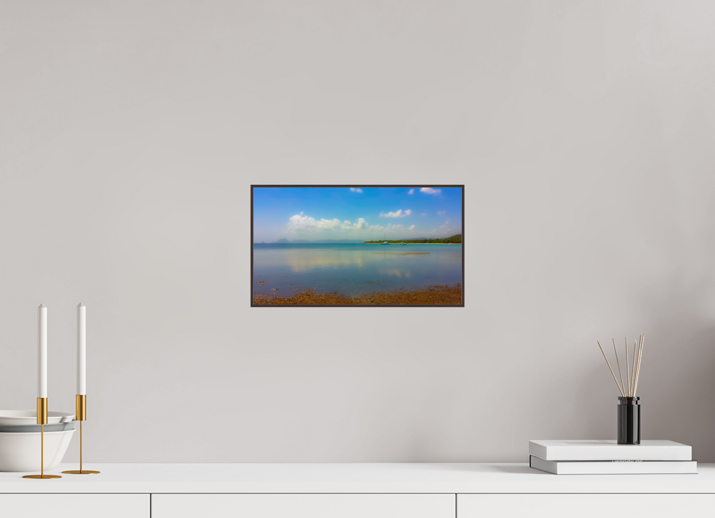 32 x 18 cm, ArtBox bois Aulne brun 16:9 Plage Eau Turquoise Réflective et Voiliers