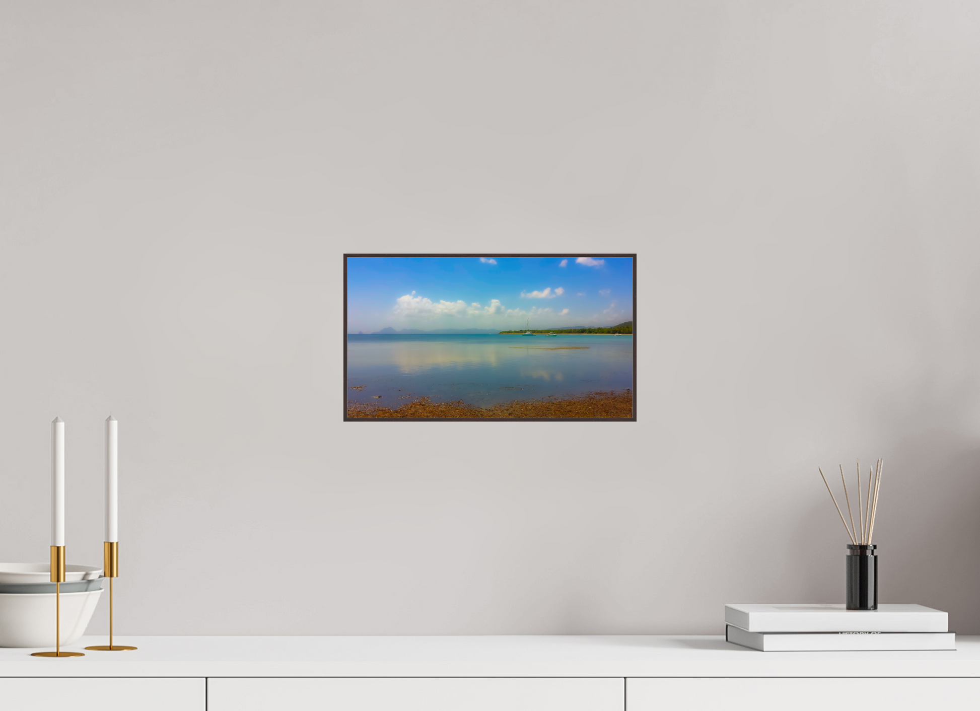 32 x 18 cm, ArtBox bois Aulne brun 16:9 Plage Eau Turquoise Réflective et Voiliers