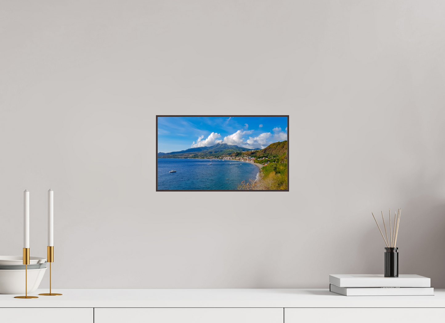 32 x 18 cm, ArtBox bois Aulne brun 16:9 Vue Panoramique du Village Côtier et d'un Volcan