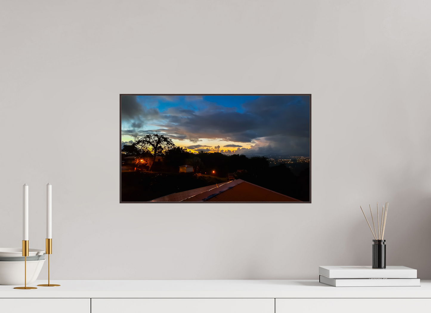 48 x 27 cm, ArtBox bois Aulne brun 16:9 Coucher de Soleil sur la Vallée