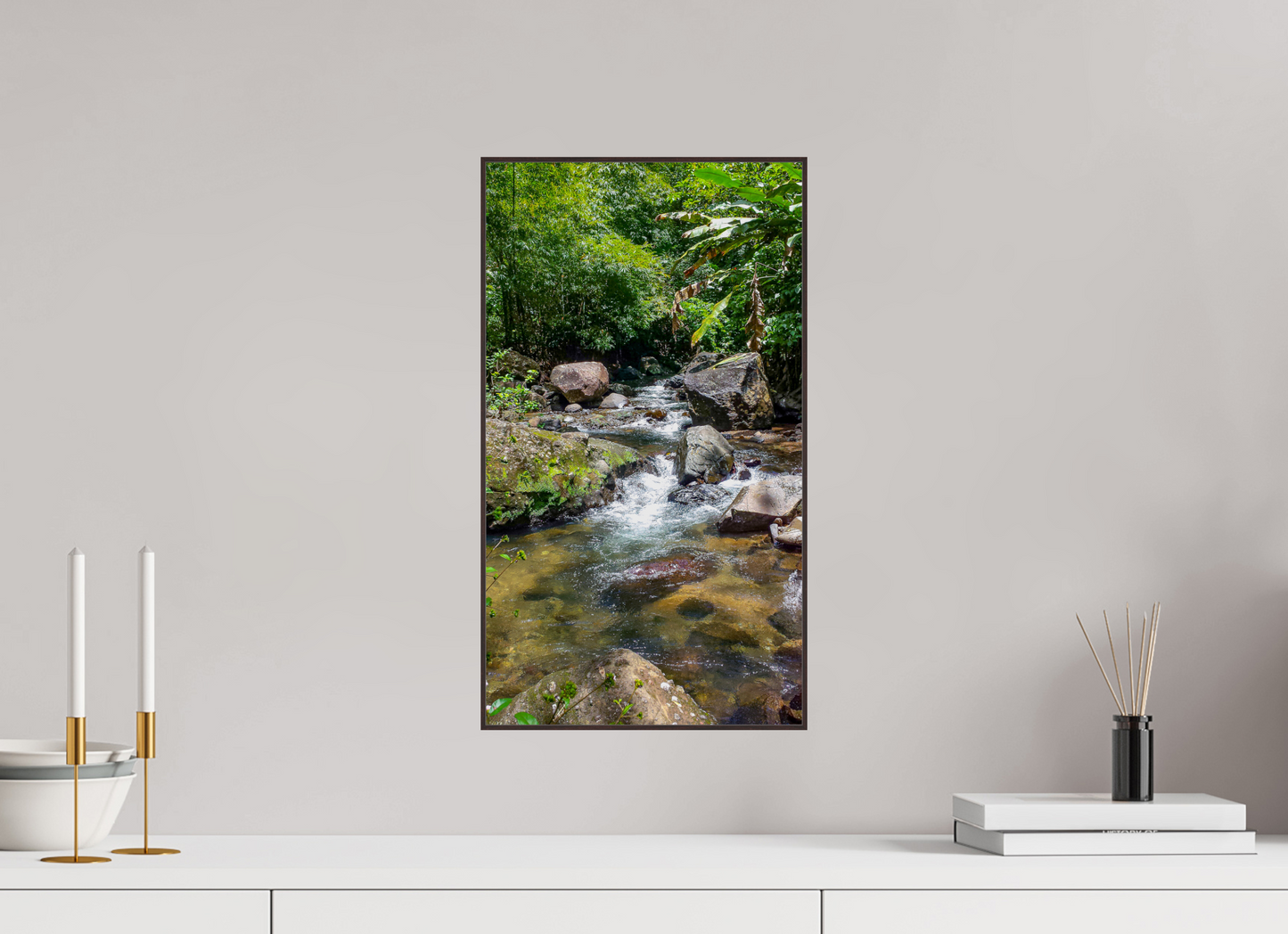 27 x 48 cm, ArtBox bois Aulne brun 16:9 Ruisseau d'Eau Vive dans une Forêt Tropicale Luxuriante