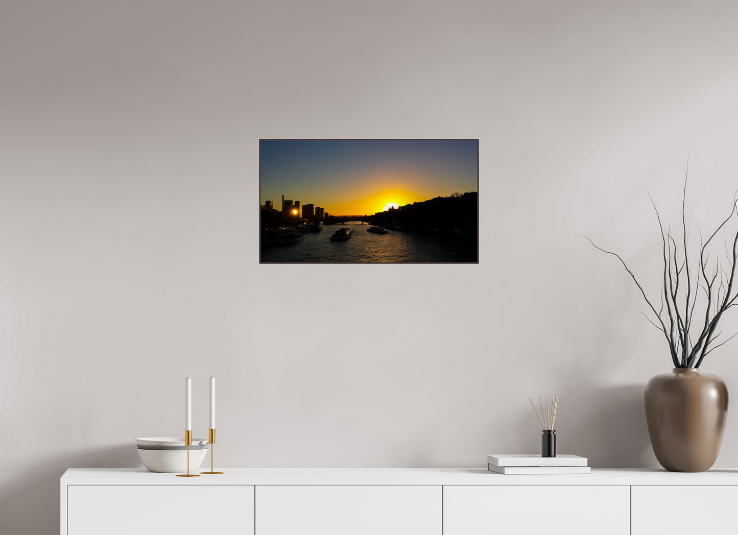 64 x 36 cm, ArtBox bois Aulne brun 16:9 Coucher de Soleil Romantique sur la Seine