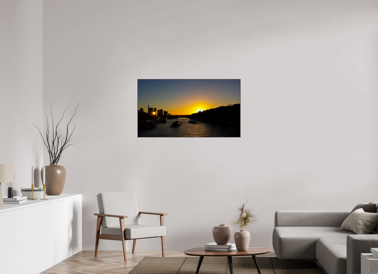 112 x 63 cm, ArtBox bois Aulne brun 16:9 Coucher de Soleil Romantique sur la Seine