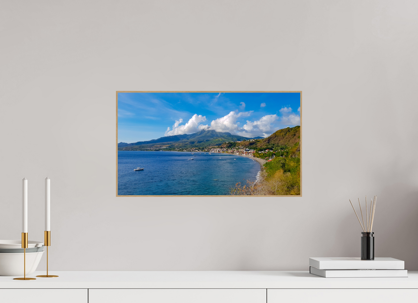 48 x 27 cm, 5. ArtBox bois Chêne nature Vue d'un Village Côtier et d'un Volcan