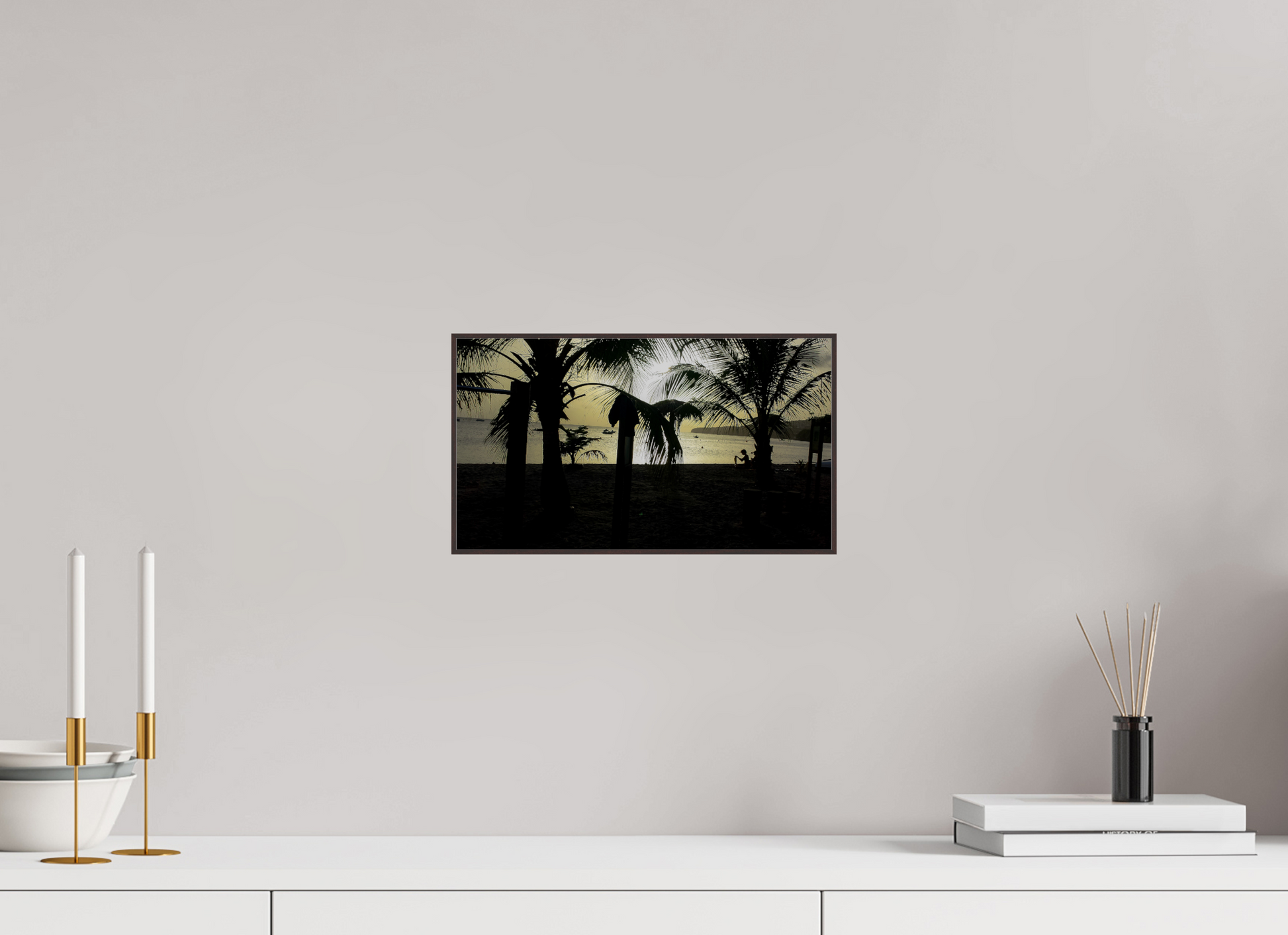 32 x 18 cm, ArtBox bois Aulne brun 16:9 Silhouette de Palmiers sur une Plage